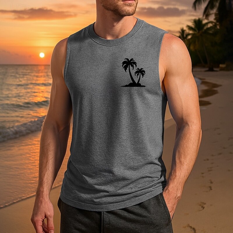 Men's Vest Top Undershirt Sleeveless Shirt Sleeveless Crewneck Spring & Summer Coconut Tree Pattern Fashion Designer Vacation Street Going out Black White Blue Top Tee for Men3