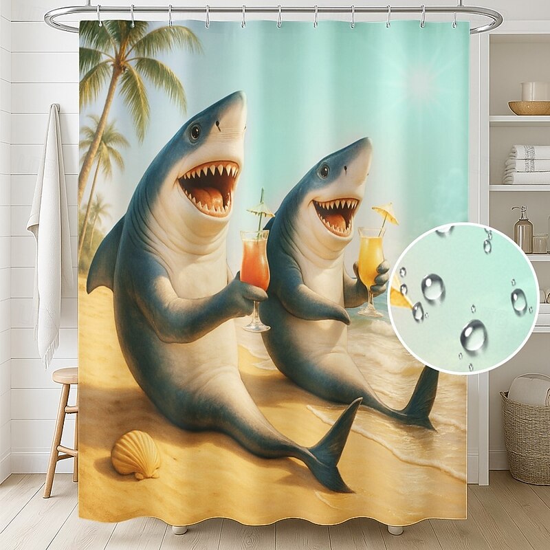 Shower Curtain with 12 Hooks 180cm*180cm(70"*70") Polyester Washable Waterproof Pattern Bathroom Bathtub Decor Animal Sharks3
