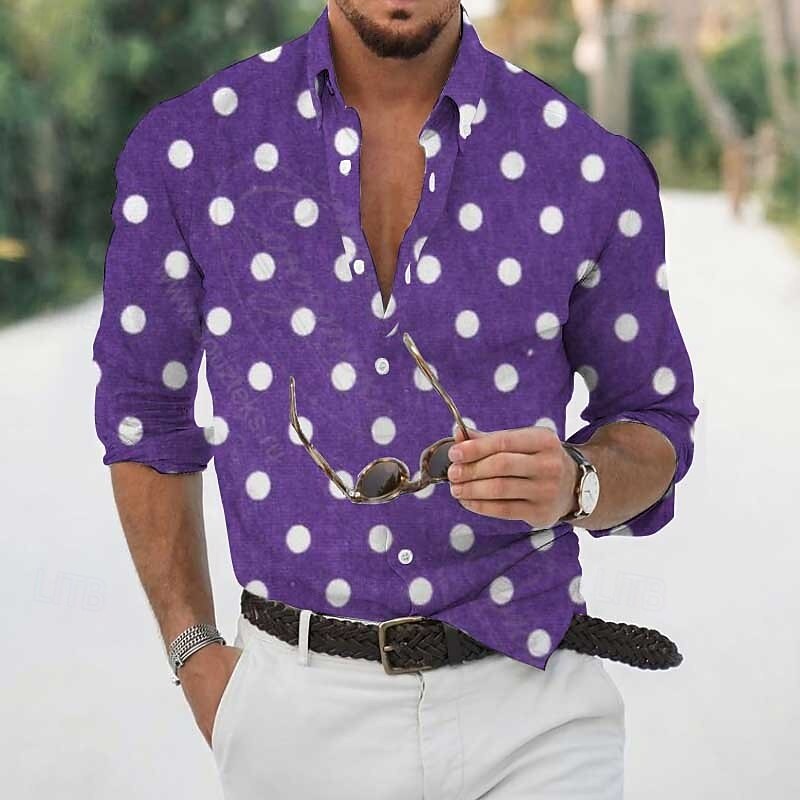Men's Shirt Summer Shirt Casual Shirt Beach Shirt Button Up Shirt Blue Purple Long Sleeve Dot Lapel Vacation Hawaiian Clothing Apparel Polyester Fashion Casual Comfortable2