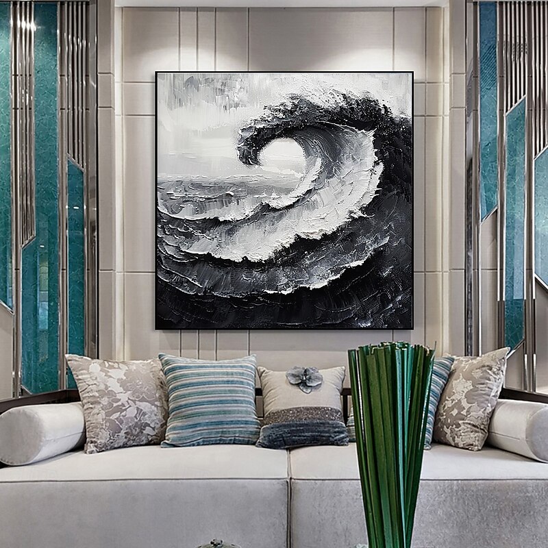 Handmade Oil Painting Canvas Wall Art Decoration Modern Abstract Black and White Ocean Wave Landscape for Home Decor Stretched Frame Hanging Painting/Rolled Frameless Unstretched Painting3