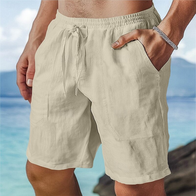 Men's Shorts Linen Shorts Summer Shorts Beach Shorts Drawstring Elastic Waist Plain Comfort Breathable Knee Length Outdoor Daily Beach Fashion Hawaiian Black White2