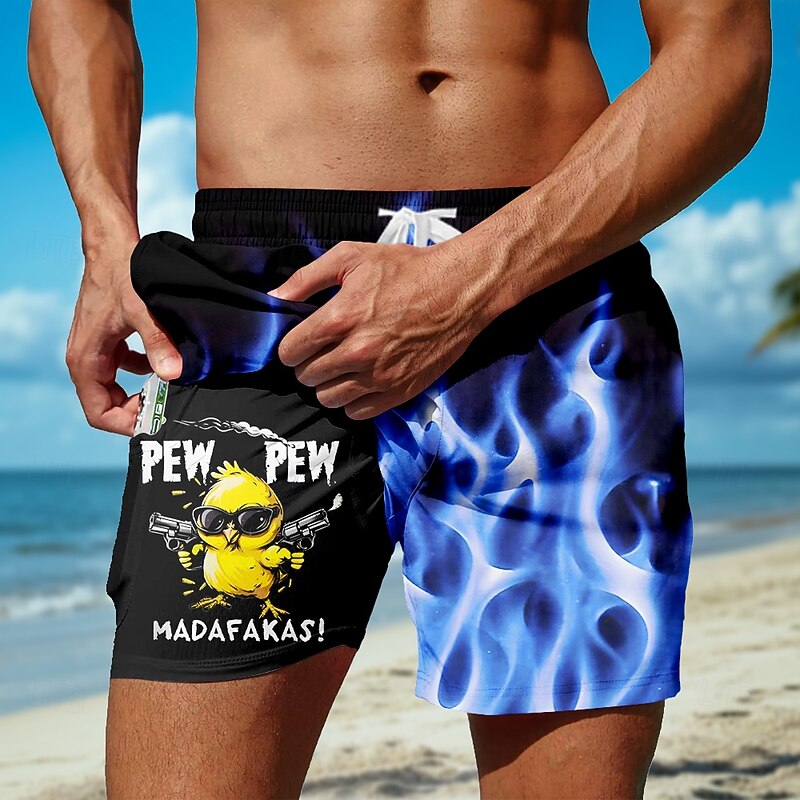 Men's Flame Funny Duck Lined Shorts 2 in 1 Board Shorts Swim Shorts Mid Waist Hawaiian Vacation Holiday Beach Wear Side Pockets With Compression Liner Elastic Drawstring Waist Designer Clothing2