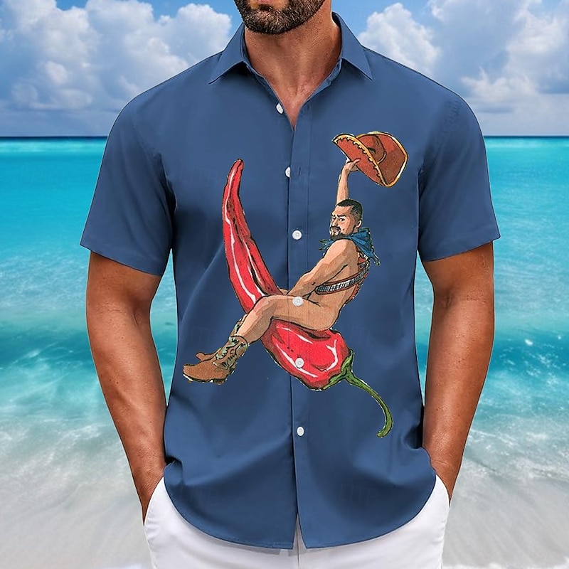 Men's Funny Cowboy Pepper Shirt Summer Hawaiian Shirt Button Up Shirt Short Sleeve Hawaiian Resort Vacation Holiday Beach Wear Summer Spring Turndown 3D Print Collared Shirts Pink Blue Khaki3