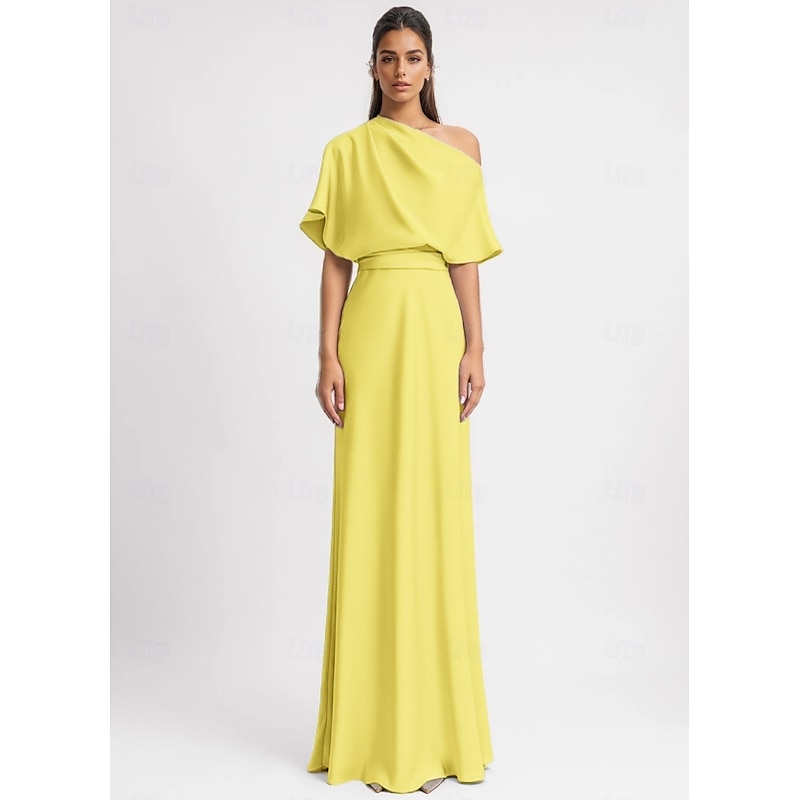 A-Line Evening Gown Elegant Dress Formal Floor Length 3/4 Length Sleeve One Shoulder Pocket Stretch Crepe with Ruched2