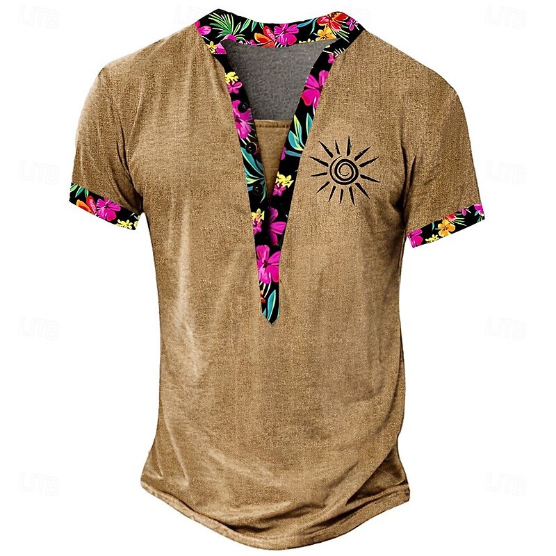 Men's Tribal T Shirt Henley Shirt Tee Short Sleeve Designer Basic Ethnic Outdoor Casual Daily Summer Green Light Brown Khaki Henley Henley T-Shirt3