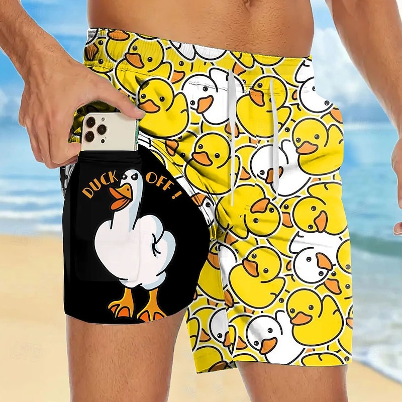 Men's Animal Funny Duck Lined Shorts 2 in 1 Board Shorts Swim Shorts Mid Waist Hawaiian Vacation Holiday Beach Wear Side Pockets With Compression Liner Elastic Drawstring Waist Designer Clothing