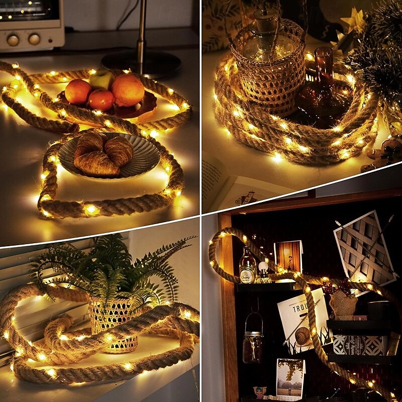 Jute Twine LED Outdoor String Lights 3m 5m 10m Battery-Operated Copper Wire String Lights  60/100/200 LEDs Waterproof Warm White Bright LED Light for 3AA BATTERY BOX REMOTE for Halloween2
