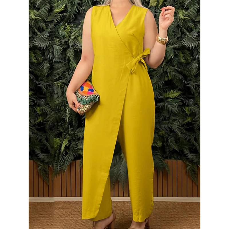 Women's Normal Jumpsuit Streetwear Solid Color Sleeveless V Neck Lace up Street Daily Regular Fit Black White Yellow Summer4