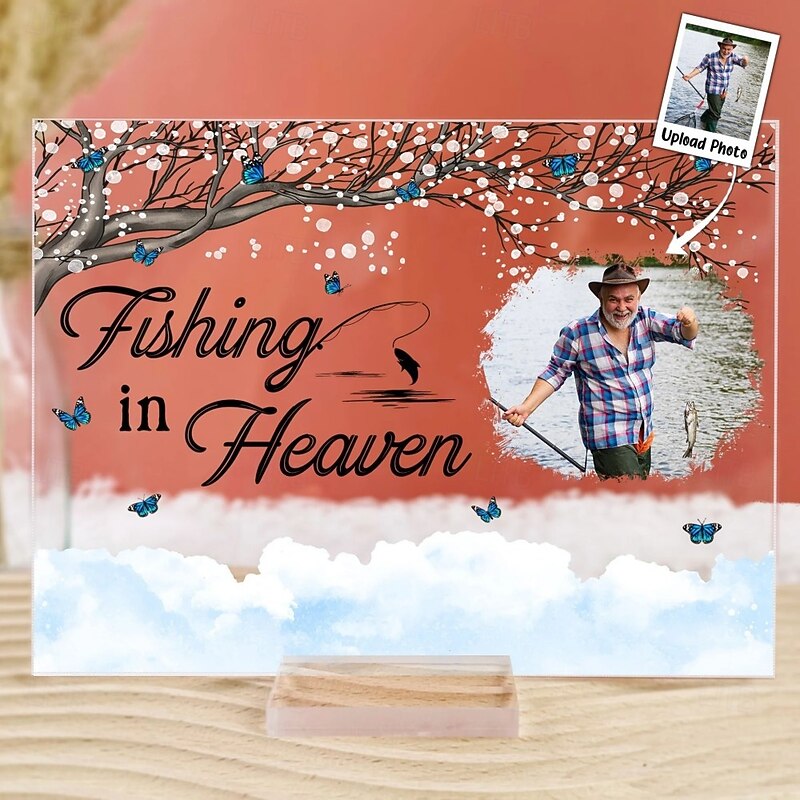Personalized Memorial Photo Plaque with Base, Custom Acrylic Sympathy Giftfor Angler, Fishing in Heaven Photo Frame, Remembrance of Loved Ones