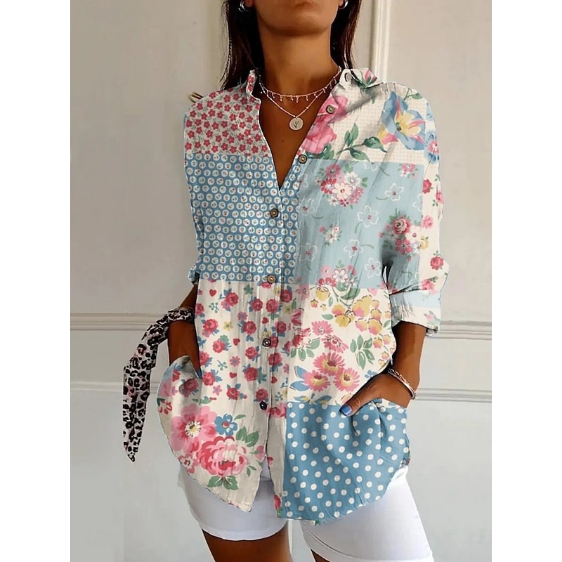 Women's Shirt Floral Bohemia Hawaiian Long Sleeve Shirt Collar Regular Tops Daily Holiday Pocket Buttons Print White Yellow Pink Navy Blue Blue Summer3