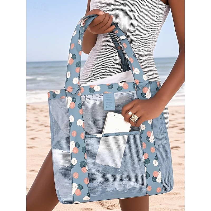 Women's Floral Mesh Beach Tote Bag – Large Waterproof Summer Shoulder Bag with Pockets, Lightweight and Breathable for Vacation, Pool and Travel Wine Green Dark Blue3