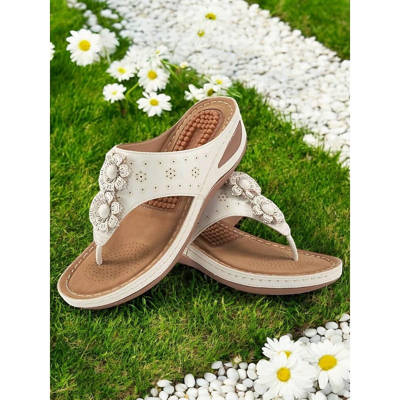 Women's Wedge Flip-Flop Sandals with Massage Footbed – Floral Bohemian Thong Slippers for Casual Summer, Beach and Outdoor Comfort