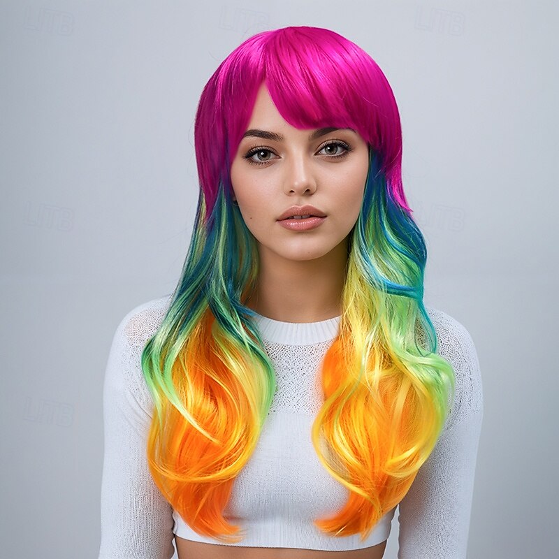 Synthetic Wig Wavy Curly Weave With Bangs Machine Made Wig 20 inch A1 Synthetic Hair Women's Classic Comfortable Color Gradient Multi-color