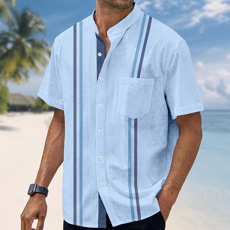 Men's Geometric Striped Shirt Guayabera Shirt Stand Collar Shirt Short Sleeve Casual Vacation Dailywear Summer Spring Mandarin Collar Band Collar Grandad Collar Front One Pocket Linen Like Shirt Pink