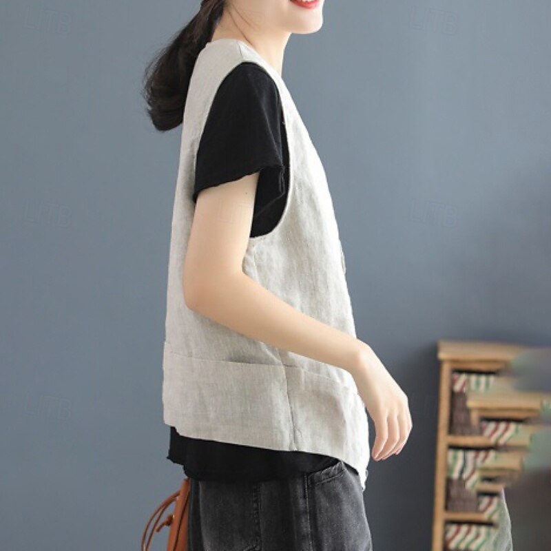 Women's Linen-Inspired Shirts Plain Casual Sleeveless V Neck Regular Tops Daily Holiday Going out Buttons Black White Summer3
