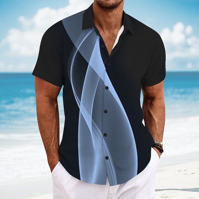 Men's Geometric Line Abstract Art Shirt Summer Shirt Button Up Shirt Short Sleeve Fashion Casual Outdoor Vacation Dailywear Summer Turndown 3D Print Linen Like Shirt Yellow Red Blue Green Gray2