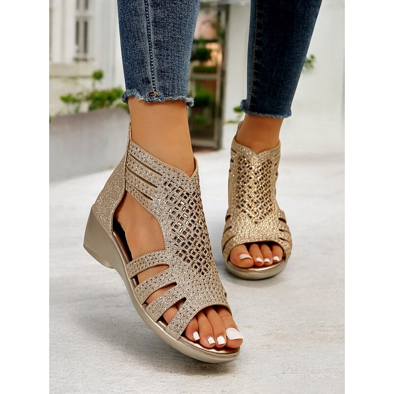 Women's Gold Glitter Cutout Wedge Sandals – Comfortable Sparkly Summer Shoes for Casual and Travel Wear