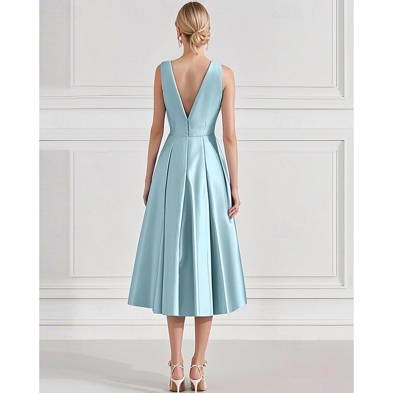 A-Line Cocktail Gown Elegant Dress Formal Wedding Guest Ankle Length Sleeveless V Neck Satin with Pocket Shouder Flower3