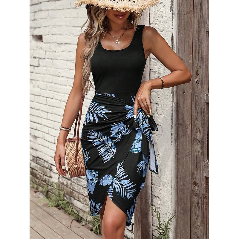 Women's Mini Dress Beach Dress Beach Sleeveless Form Fit Leaf Sleeveless U Neck Blue Khaki Summer Spring Fall