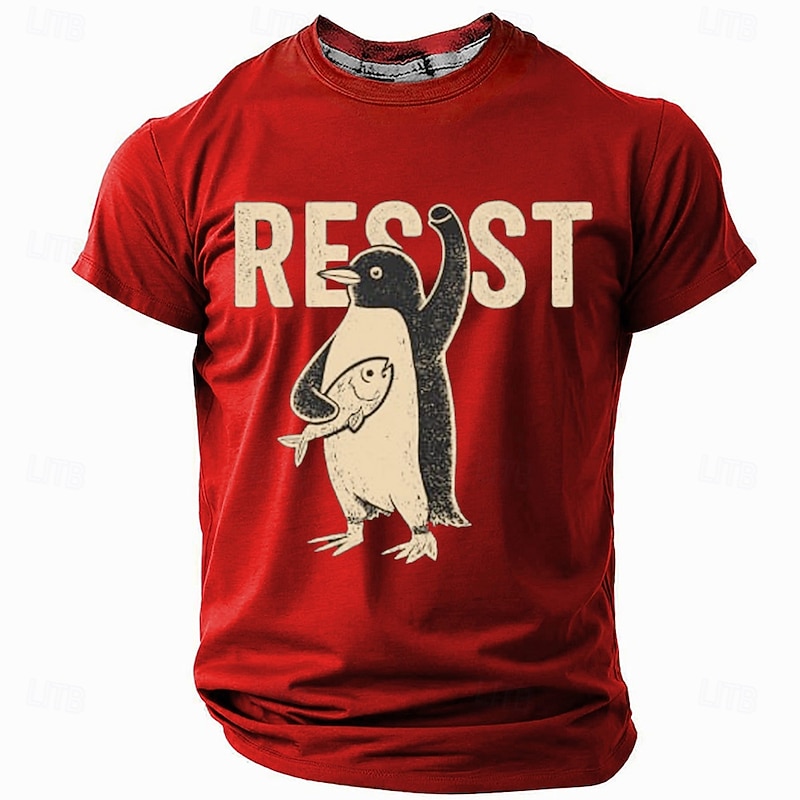 Men's Graphic T-Shirt: Resist Penguin with Fish Design - Short Sleeve Lifestyle Tee3