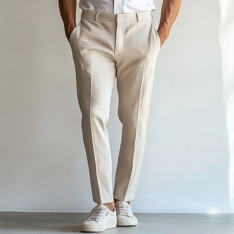 Men's Linen Pants Dress Pants Summer Straight Leg Plain Breathable Casual Holiday Fashion Sky Blue Light Grey Beige