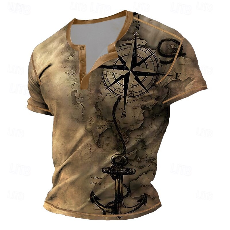Men's Vintage Compass Henley Shirt Tee Short Sleeve Vintage Fashion Designer Outdoor Casual Daily Summer Spring &  Fall Dark Brown Gray Henley Henley T-Shirt