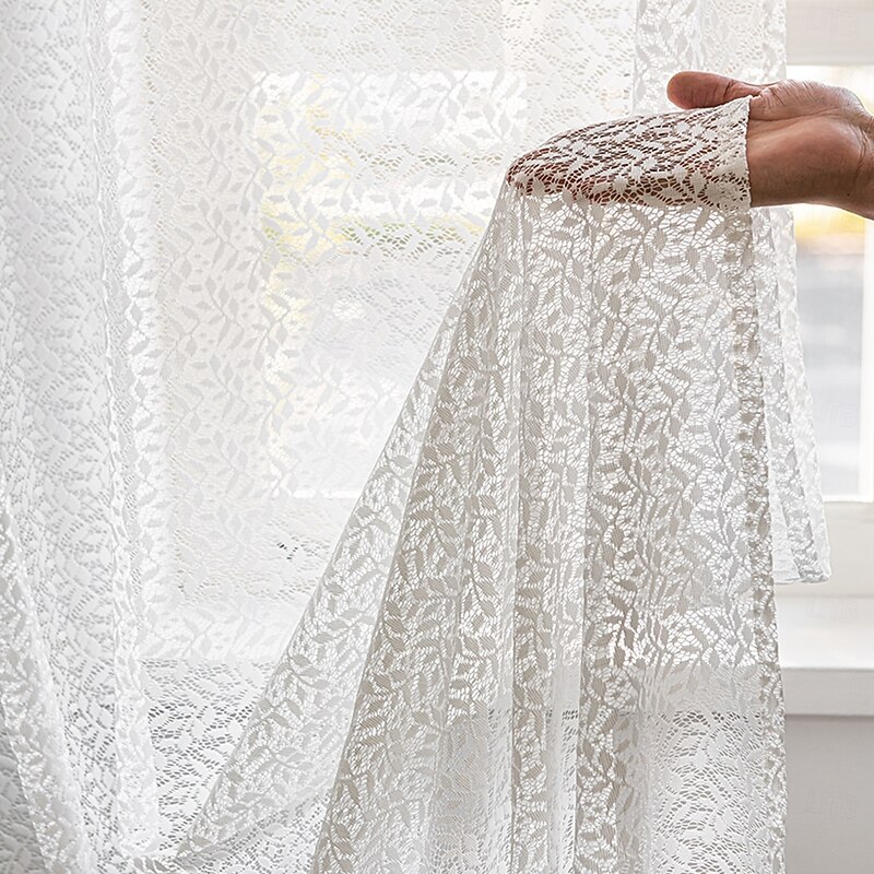 1pc French Retro Romantic White Lace Embroidered Mesh Knitted Chiffon Curtain Top Pole Through Living Room Decoration Partition Curtain, Bedroom Window Finished Chiffon Window3
