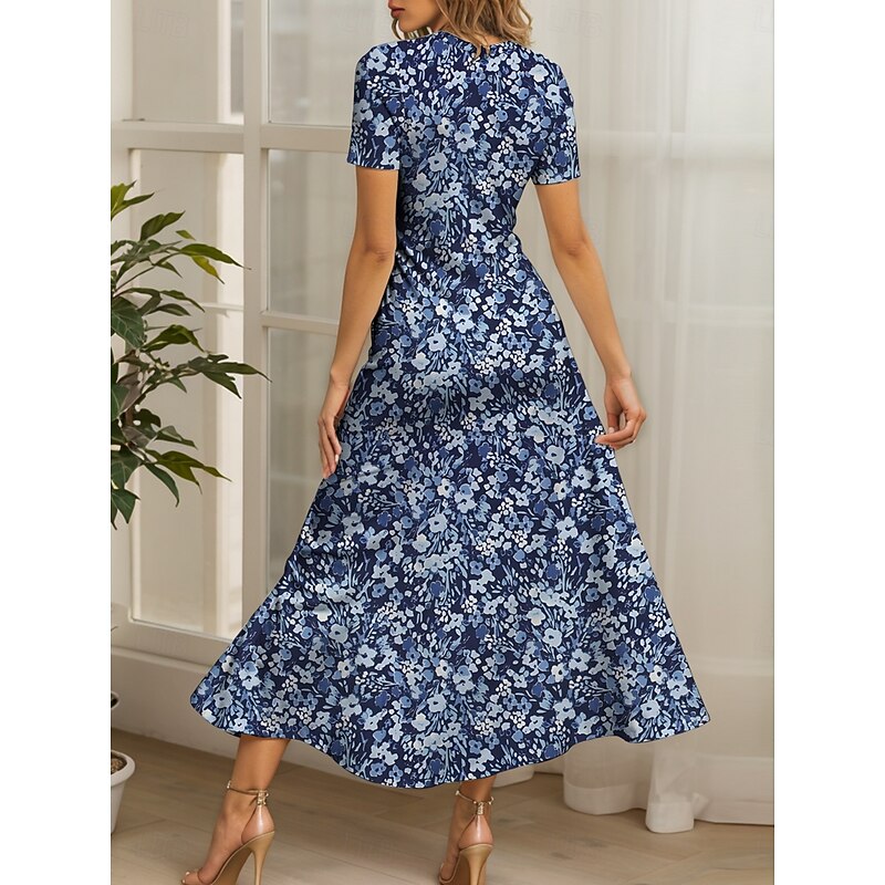 Women's Maxi Dress Casual Dress Sundress A Line Dress Summer Dress Vacation Vintage Ethnic Regular Fit Floral Graphic Short Sleeve Square Neck Red Blue Purple Green Summer Spring2