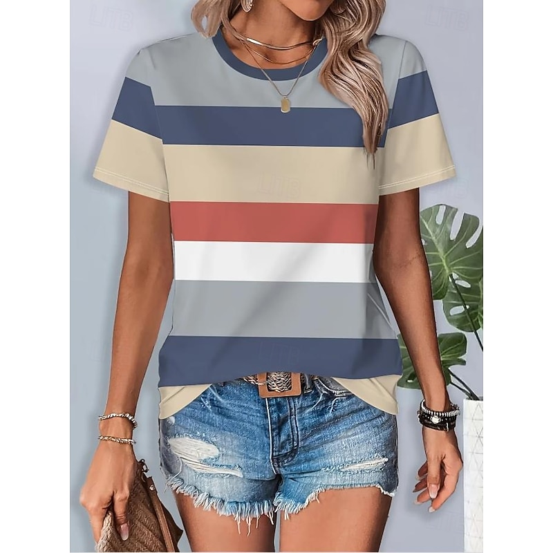 Women's T Shirt Graphic Striped Vintage Stylish Classic Short Sleeve Crew Neck Round Neck Regular Tops Daily Weekend Print Blue Summer Spring