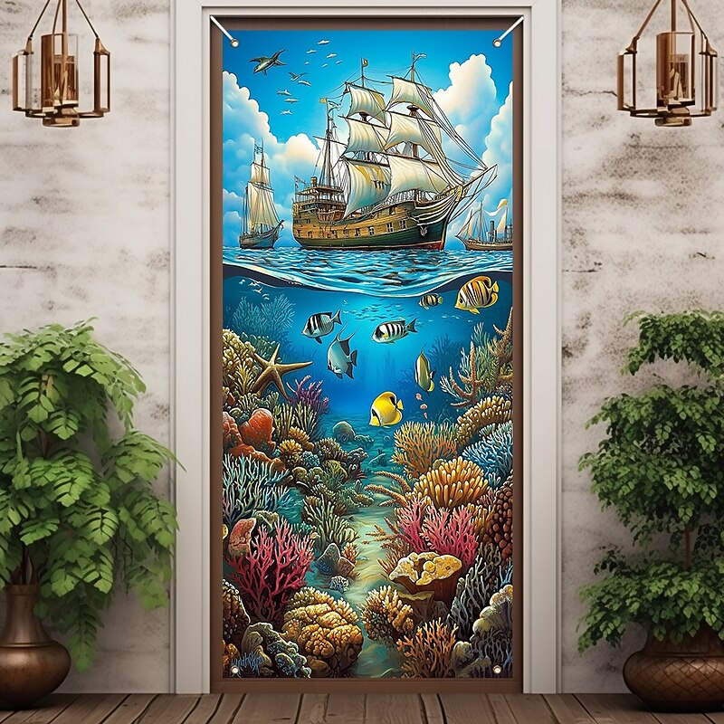 Sea Boat Fishes Door Decorations Door Covers Door Tapestry Door Curtain Decoration Backdrop Indoor/Outdoor Door Banner for Front Door Farmhouse