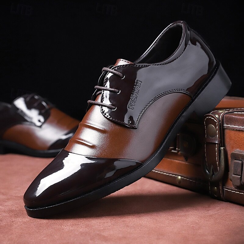 Men's Black and Brown Patent Leather Oxford Shoes – Elegant Banquet and Prom Dress Shoes for Formal Events4