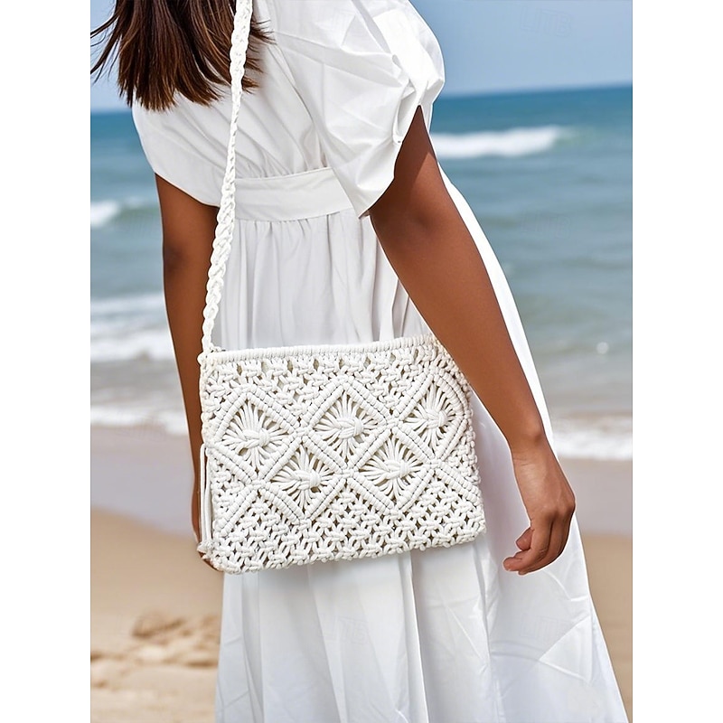 Women's Handwoven Boho Crossbody Bag – Vintage Macrame Shoulder Purse with Tassel for Beach Vacations and Casual Outfits Color Black White Pink