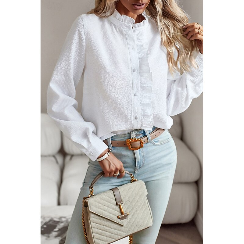 Women's Shirt Cotton Linen Shirt Blouse Plain Modern Casual Long Sleeve High Neck Regular Tops Daily Going out Buttons Black White Pink Blue Summer2