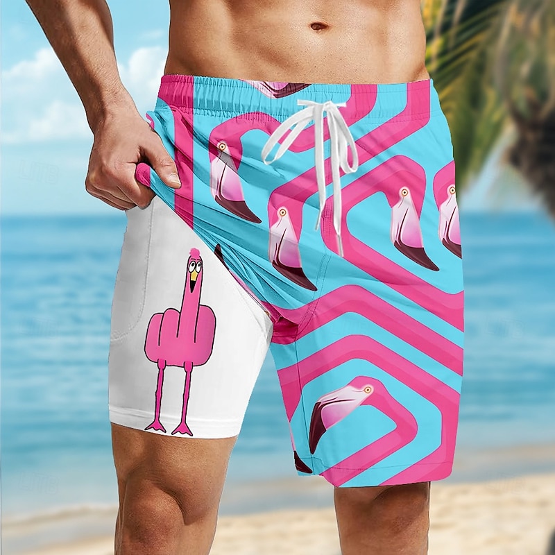 Men's Flamingo Bird Funny Lined Shorts 2 in 1 Board Shorts Swim Shorts Mid Waist Hawaiian Vacation Holiday Beach Wear Side Pockets With Compression Liner Elastic Drawstring Waist Designer Clothing2