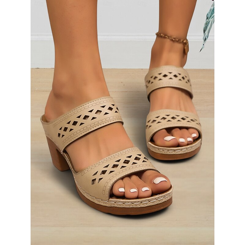 Women's Brown Boho Cutout Block Heel Slide Sandals – Retro Casual Comfort Mules for Summer Travel and Daily Wear3