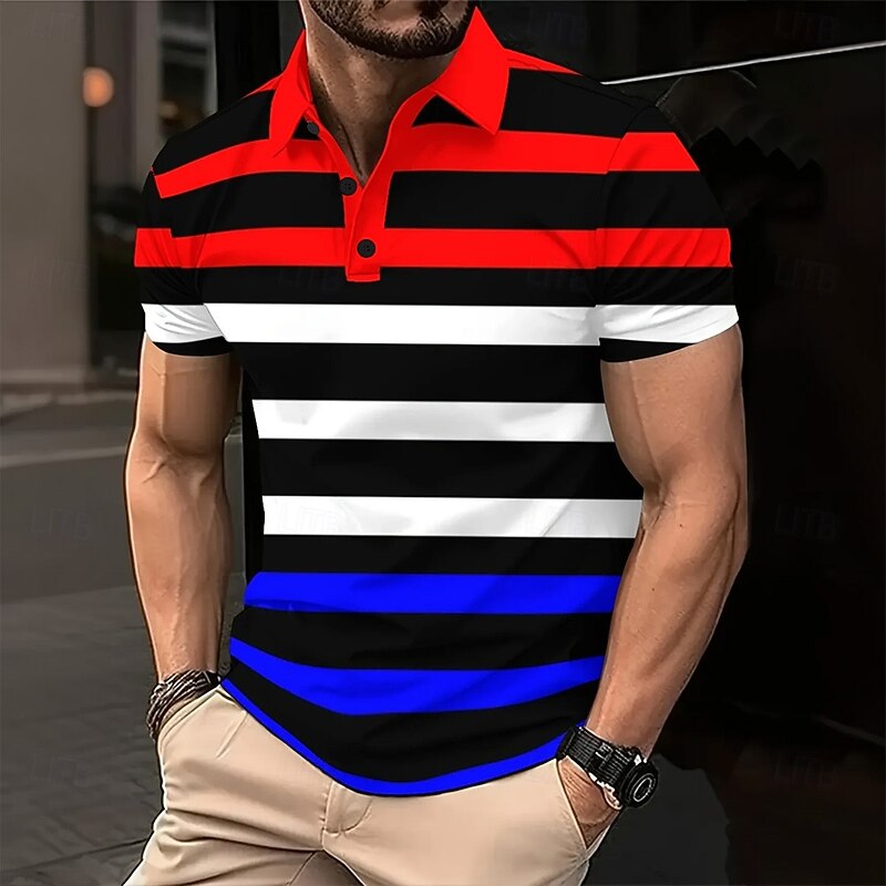 Men's Horizontal Stripes Polo Short Sleeve Polo Shirts Collared Shirts Business Casual School Outdoor Daily Wear 3D Print Summer Red