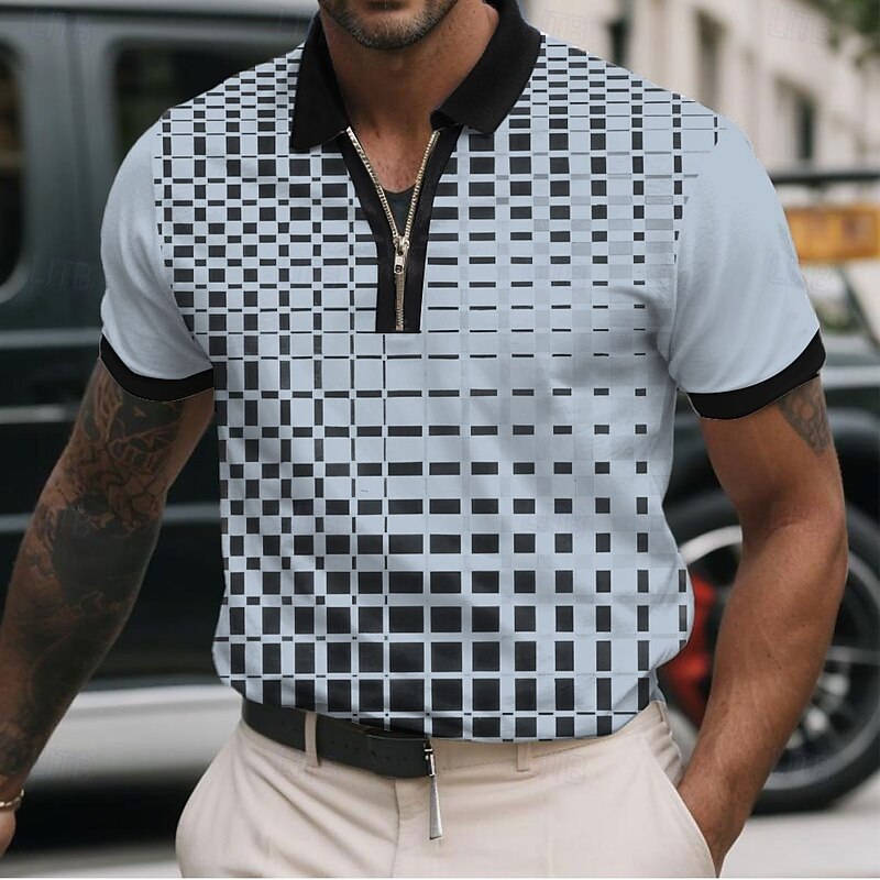 Men's Geometic Line Zip Polo Shirts Short Sleeve Polo Shirts Collared Shirts Business Casual Business Athleisure Wear to work Daily Wear 3D Print Summer Pink Blue Khaki2