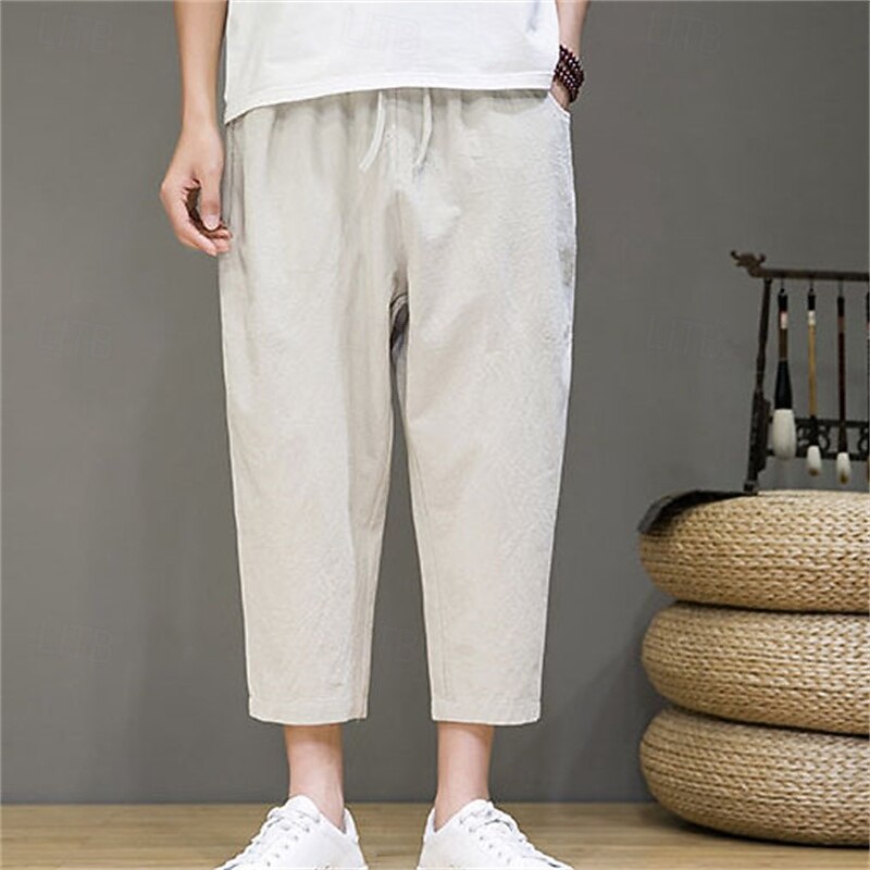 Men's Linen Pants Trousers Summer Pants Capri shorts Beach Pants Pocket Drawstring Elastic Waist Plain Comfort Breathable Ankle-Length Vacation Daily Holiday Vintage Hawaiian Black Navy Blue2