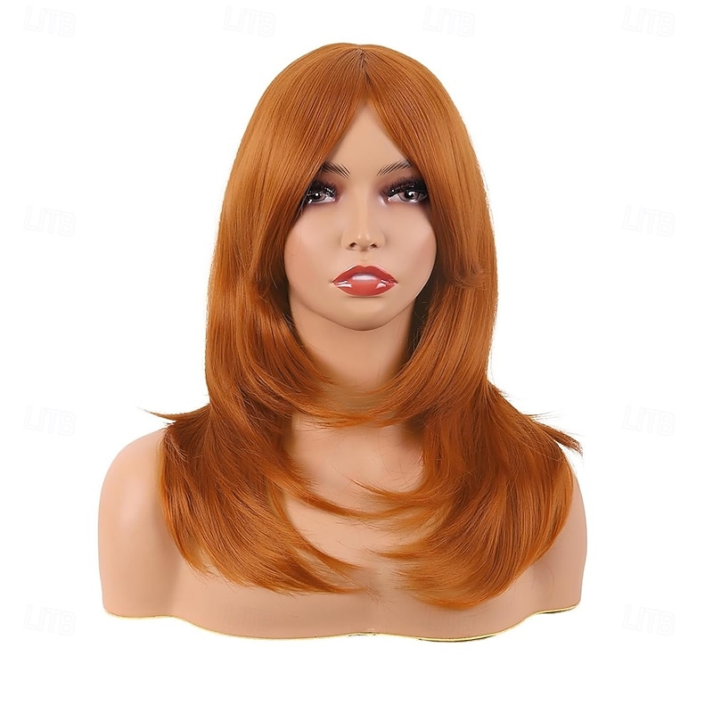 Long Layered With Bangs Straight Synthetic fiber Shoulder Length Hair for Daily Use or Party Wig
