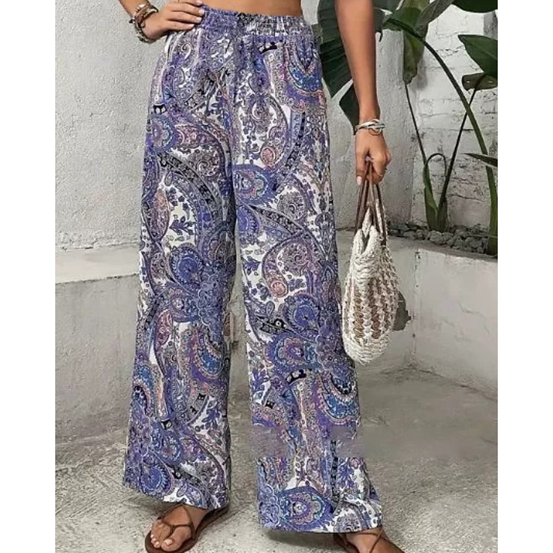 Women's Slacks Pants Trousers Fashion Boho Full Length Natural Flower Elastic Waist Printing Comfy Outdoor Comfortable Vacation Going out Magenta Apricot Navy Blue Summer Regular Fit2