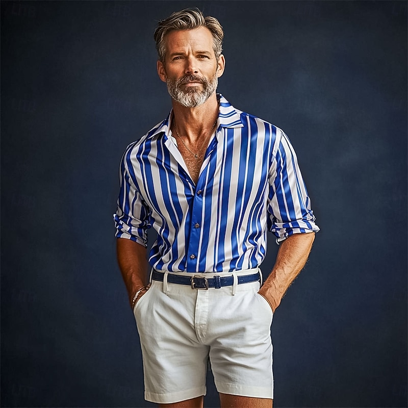 Men's Shirt Satin Shirt Striped Shirt Casual Shirt Button Up Shirt Vertical Stripes Wedding Vacation Blue Long Sleeve Collar Spring &  Fall Clothing Apparel2