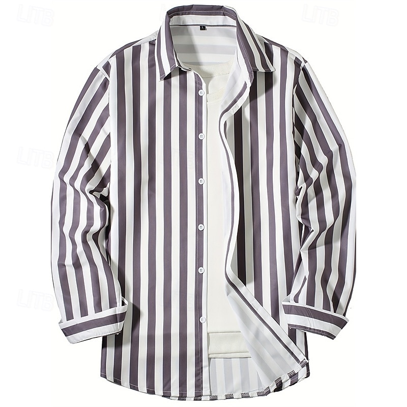 Men's Shirt Summer Shirt Casual Shirt Beach Shirt Button Up Shirt Black Pink Sky Blue Gray Long Sleeve Stripe Lapel Vacation Hawaiian Button-Down Clothing Apparel Polyester Fashion Casual Comfortable3