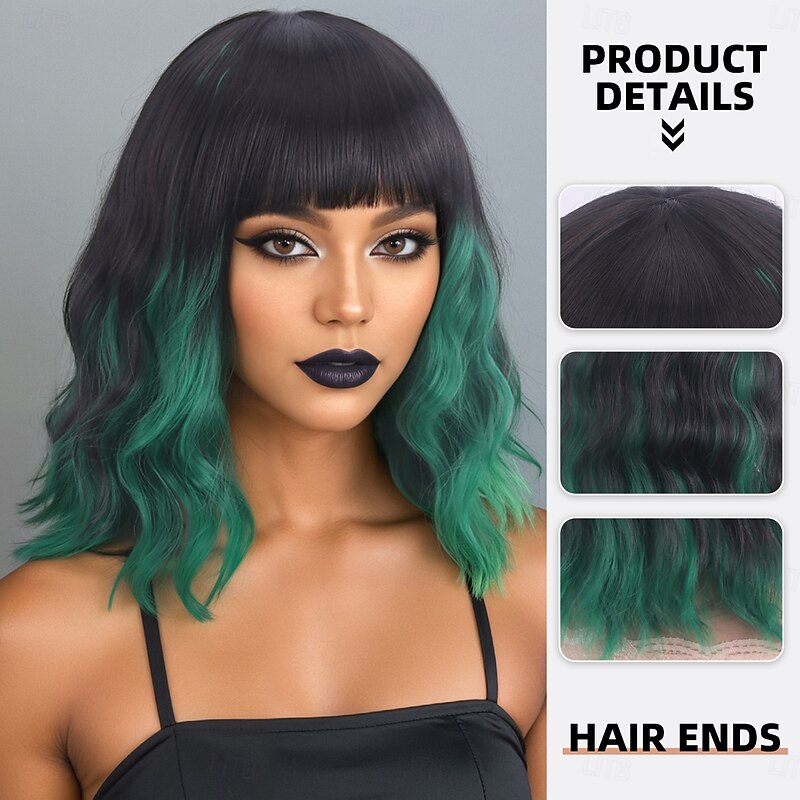 Synthetic Wig Deep Wave Curly Weave Asymmetrical Neat Bang Machine Made Wig 12 inch A1 Synthetic Hair Women's Elastic Classic Color Gradient Green2