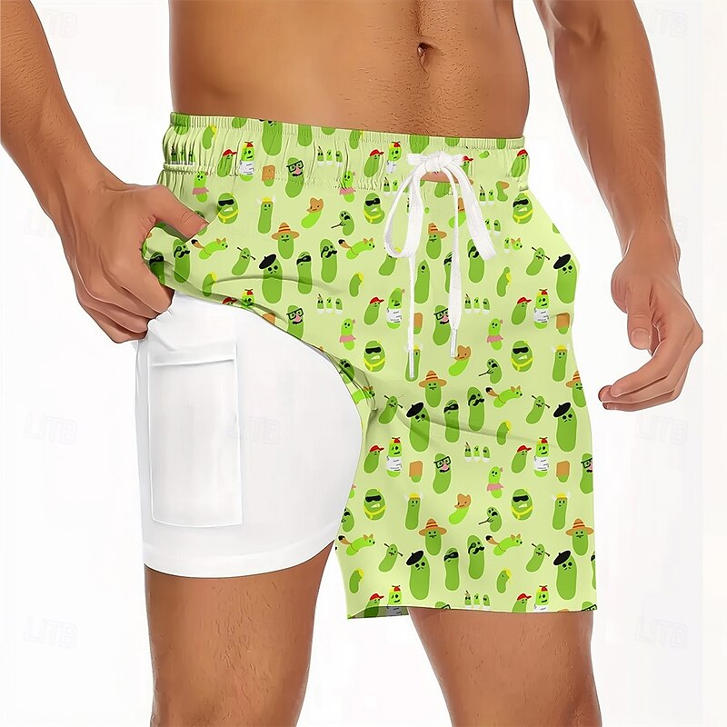 Men's Novelty Funny Pickle Lined Shorts 2 in 1 Board Shorts Swim Shorts Mid Waist Hawaiian Vacation Beach Wear Side Pockets With Compression Liner Elastic Drawstring Waist Designer Clothing Apparel