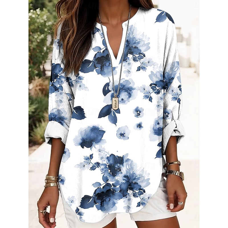 Women's Blouse Tunic V Neck Long Sleeve Boho Casual Floral Graphic Abstract Elegant Daily Regular Tops Daily Print Red Blue Purple Green2