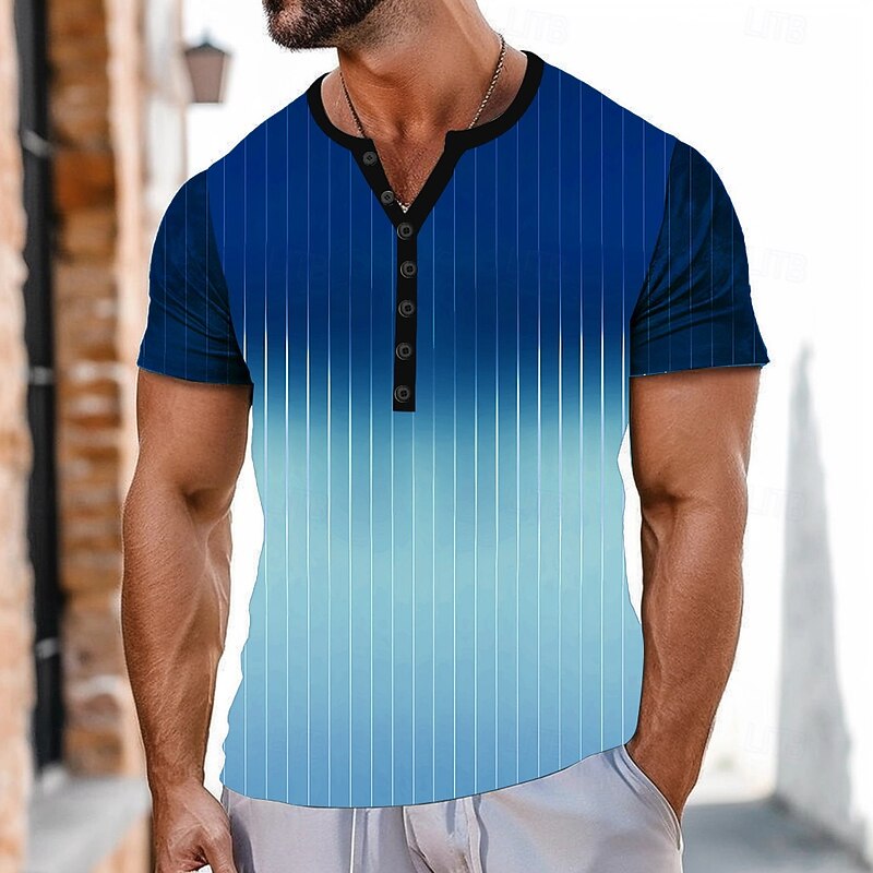 Men's Gradient Striped T Shirt Henley Shirt Short Sleeve Sports Fashion Designer Outdoor Street Casual Summer Blue khaki Henley Henley T-Shirt2