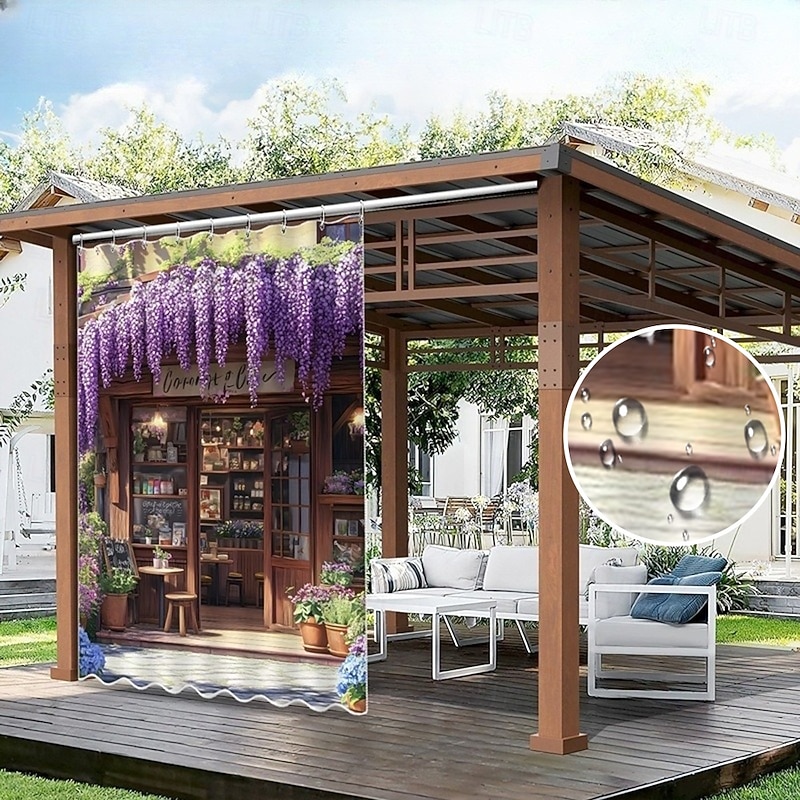 Waterproof Outdoor Curtain Privacy, Sliding Patio Curtain Drapes, Pergola Curtains Grommet 3D Landscape Wisteria For Gazebo, Balcony, Porch, Party, 1 Panel