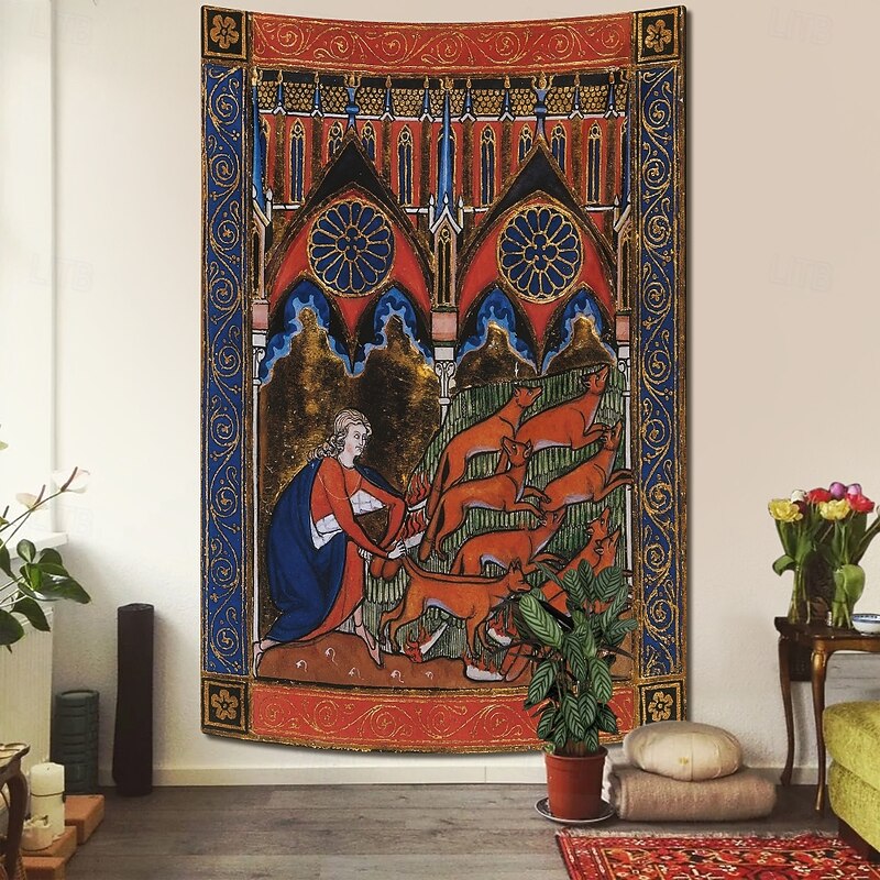 Medieval Tapestry Middle Age Tapestry Gothic Art Large Tapestry Mural Backdrop Home Bedroom Living Room Decoration Wreath on a Ground of Flowers, Birds,and Rabbits4