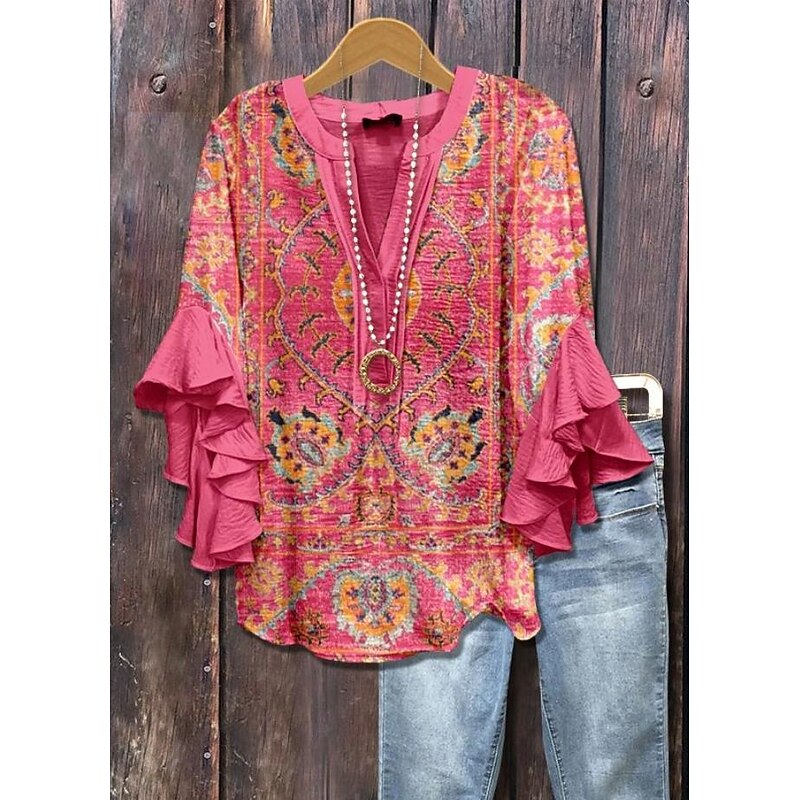 Women's Blouse V Neck Layered Ruffle Sleeve Tops Floral Graphic Daily Stylish Casual 3/4 Length Sleeve Regular Tops Daily Holiday Vacation Wear Print White Dusty Blue Green Rose Pink Summer Spring2