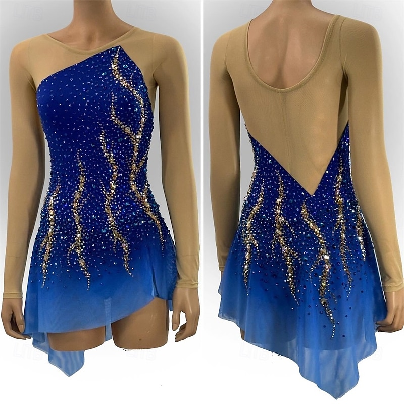 Figure Skating Dress Women's Girls' Ice Skating Dress Navy Patchwork Asymmetric Hem Mesh Spandex High Elasticity Training Competition Skating Wear Classic Crystal / Rhinestone Long Sleeve Ice Skating